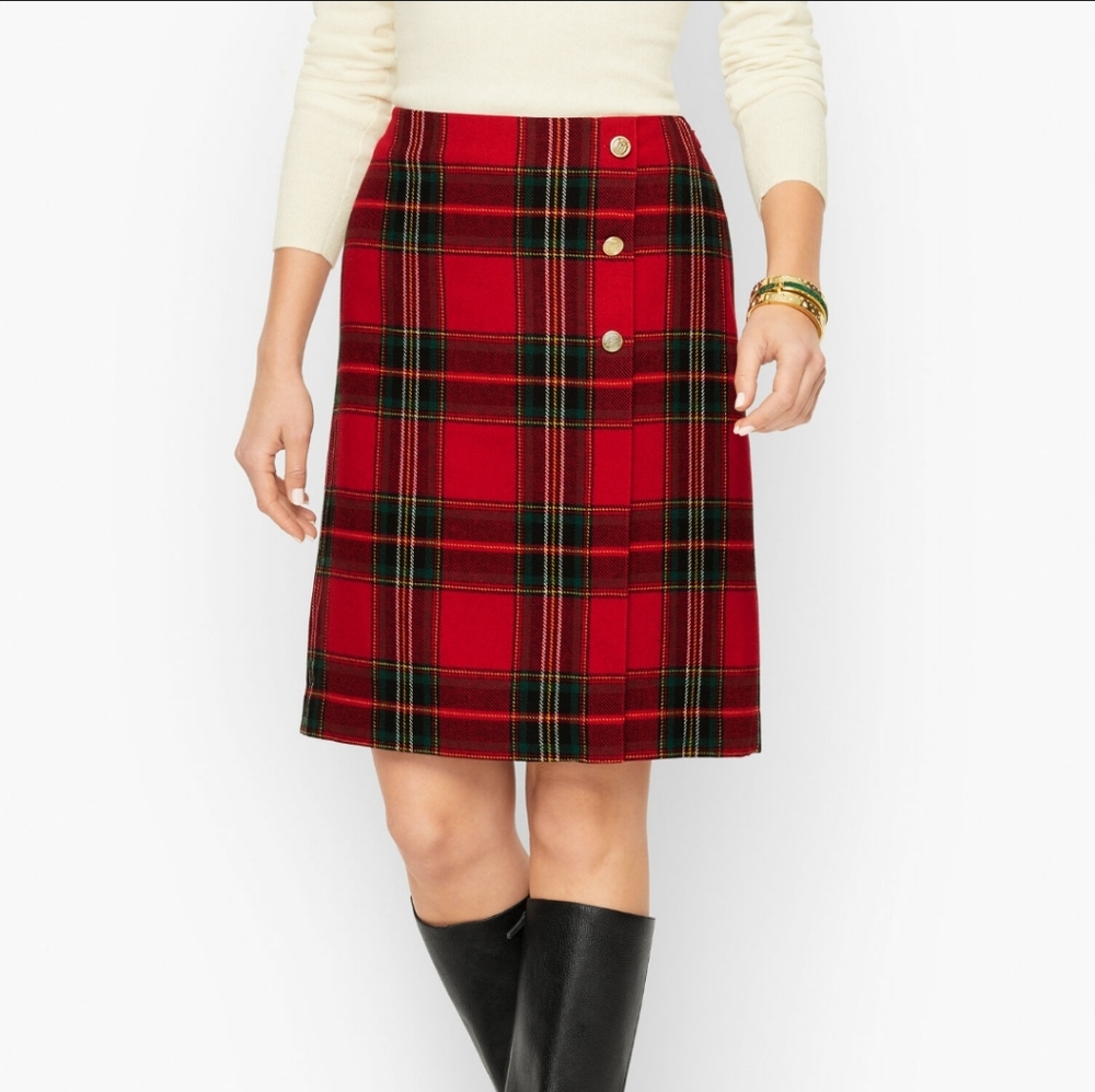 Talbots Red Plaid Wool Blend Button Skirt, Size 6